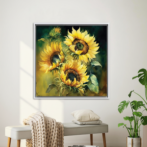 Sunflower <b>Painting</b> Print: Yellow Floral Canvas Wall Art,WHITE <b>FRAMED</b> CANVAS - Product Image 3