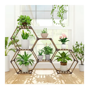 Support de plantes en <span class=keywords><strong>bois</strong></span> hexagonal moderne avec rangement à quatre niveaux, support de pot de fleurs multifonctionnel pour l'intérieur/l'extérieur, pour pots de fleurs DIY - Product Image 1