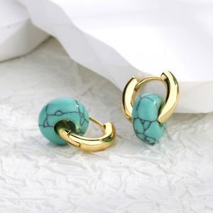 Boucles d'oreilles créoles tendance en laiton plaqué or avec pendentif turquoise, zircon géométrique en forme de diamant, idée cadeau unisexe pour occasions chrétiennes - Product Image 3