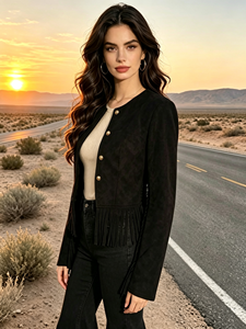 Sweet Babe <b>Suede</b> Cropped <b>Jacket</b> with Fringe Detail Button Front Vintage Casual Outerwear for <b>Women</b> - Product Image 3