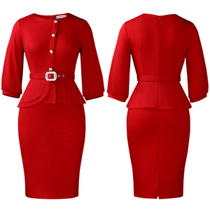 Robes élégantes pour femmes, coupe ajustée, col rond, volants, taille haute, couleur unie, tendance - Product Image 6