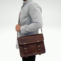 IndianHandoArt 13-Zoll Echtleder Vintage Messenger-/Umhängetasche/Bürotasche mit Knopfverschluss für Herren/Damen/Unisex