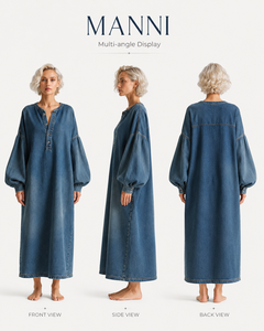 Abito da Donna Personalizzato, Vestito in Denim Blu con Maniche a Sbuffo, Vestito Lungo Estivo da Donna - Product Image 2
