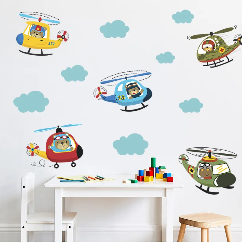 Autocollants muraux de petit ours volant un avion, chambre de bébé, jardin d'enfants, pépinière, décor mural, dessin animé, animal, décalcomanie murale