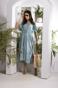 Purple And Green Printed Kaftan <b>Dress</b> For Women With Box Pleat Design <b>String</b> Detail Border And Tassels For Ethnic Fashion - Product Image 3