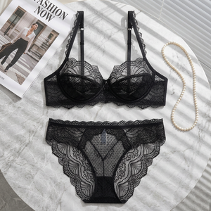 Conjunto de lencería de encaje negro al por mayor, talla grande, elegante estilo francés, sujetador con aros y bragas de 2 piezas, lencería sexy de malla transparente para mujer - Product Image 4