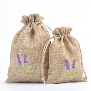 Natural Linen Drawstring <b>Bag</b> with Embroidery <b>Lavender</b> 10x14cm Reusable Pouch for Shopping Candy Storage Dust Sack - Product Image 2
