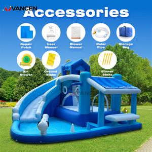 Toboggan aquatique <span class=keywords><strong>gonflable</strong></span> bleu et blanc, combinaison <span class=keywords><strong>de</strong></span> toboggan unique avec des pistes courbes palpitantes et une grande piscine inférieure. - Product Image 6