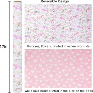baby shower Gift wrapping <b>paper</b> featuring colorful unicorn <b>pattern</b>.Double sided printing with pink hearts customizable - Product Image 2