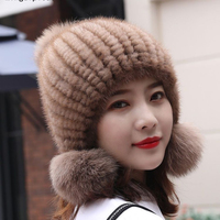 Gorro de Punto Grueso, Cálido, Cómodo y Elegante para Mujer, Hecho a Mano con Piel de Visón Auténtica, Ajustable, Ideal para Viajes y Uso en Múltiples Ocasiones