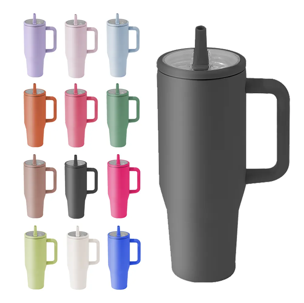 Individueller 40-Unzen-Becher mit Griff große isolierte Becher mit Klappstroh und Deckel aus Edelstahl Vakuum-Reise-Kaffeebecher Tasse
