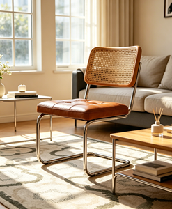 Midcentury Modern Leather <b>Chair</b> With Cane <b>Back</b> Metal Legs Tufted Seat Living Room Furniture - Product Image 5