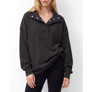FOXA Women's Oversized Waffle Knit <b>Henley</b> Sweatshirt Long Sleeve Pullover <b>Tops</b> Comfortable Soft Cotton Bamboo Fiber <b>Top</b> - Product Image 4