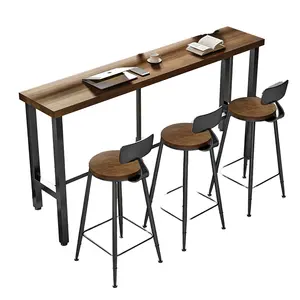 Contemporary High Wood Table and Chair Set with Metal Legs for Restaurant or Home Use for Dining in Cafes and Coffee Shops