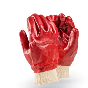 Gants de travail en coton polyester entièrement enduits en PVC rouge Gants longs de travail en PVC de sécurité industrielle