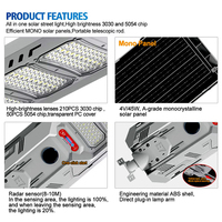 Lampadaire Solaire Tout-en-un Super Lumineux 300W 400W 500W à LED Haute Luminosité, Étanche, de l'Obscurité à l'Aube, pour Parking, Jardin, Rue