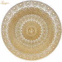 Assiette de présentation de luxe en verre à motif Mandala, dorée et transparente, décorative pour la location de décoration de table de fête