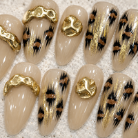 Faux ongles en acrylique faits à la main, motif léopard ambré avec feuilles d'or, pré-dessinés, détachables, forme amande, longueur moyenne, 10 pièces, CE