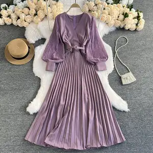 2022 Spring pure color lantern sleeve v neck dresses with belt pleated dress