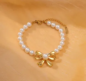 Pulseras de pajarita de acero inoxidable de oro de 18 quilates de lujo hechas a mano con cadena de perlas, joyería de fiesta con lazo, regalo de moda para mujeres y niñas