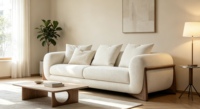 Modernes Quadratisches Dreisitzer-Polstersofa mit Gepolsterter Rückenlehne und Schaumstoffgefüllten Kissen im Apartment- und Hotelstil für Wohnzimmer in Cremefarbenem Samt