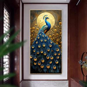 Peinture décorative d'entrée Paon, Art mural de fond de couloir, Paysage animalier avec lampe, Peinture en porcelaine de cristal personnalisée - Product Image 5