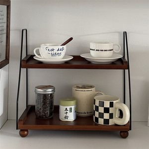 Retro Style Double Layer Wooden Storage <b>Rack</b> <b>For</b> Kitchen <b>Spice</b> <b>Jars</b> And Cosmetics Standing Type Durable Multipurpose Rectangle - Product Image 1