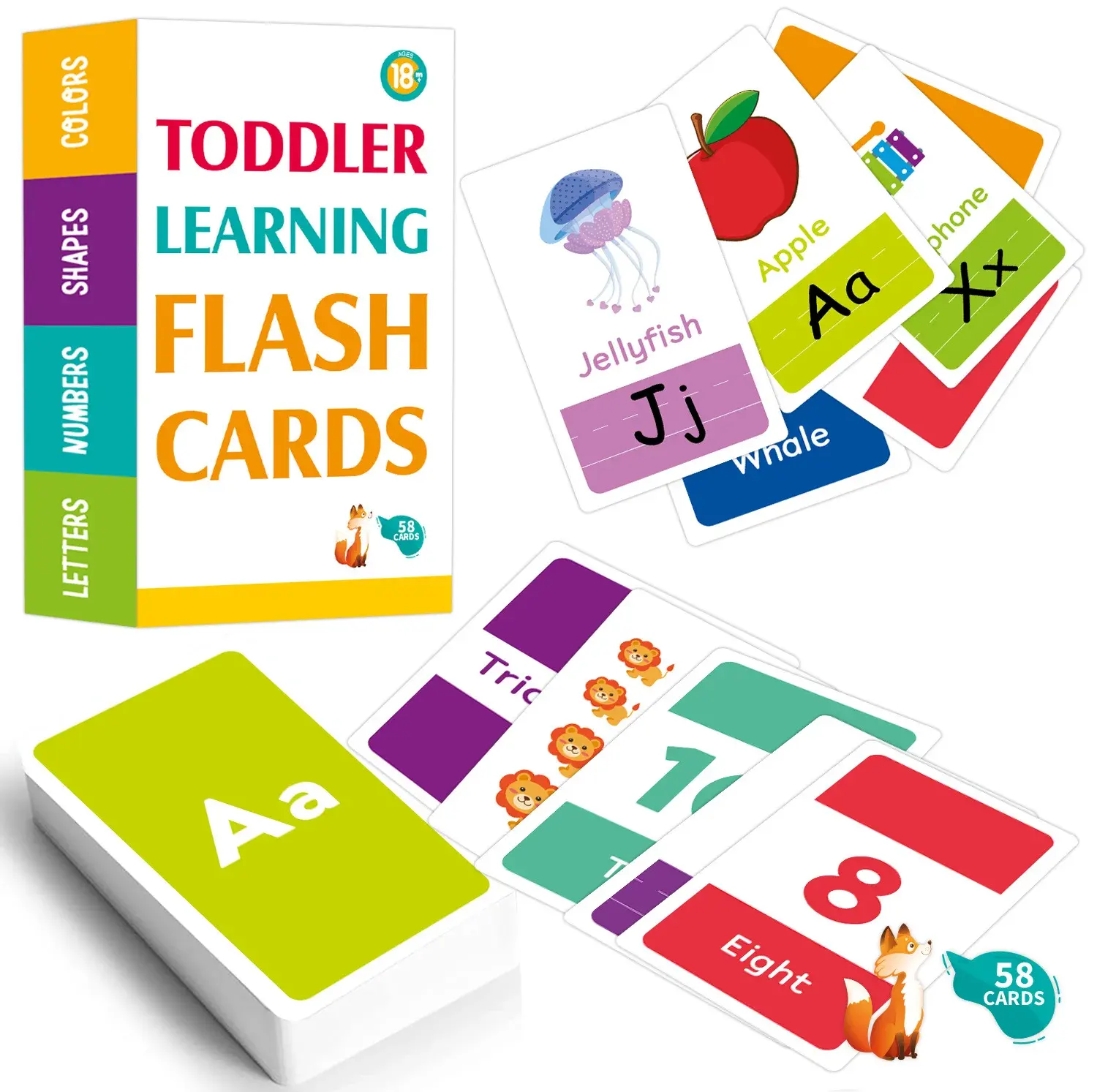 Tarjetas Flash de educación temprana para niños de 2 a 6 años, tarjetas Flash del alfabeto para niños pequeños, juego de 58 letras, formas de colores de animales y Num