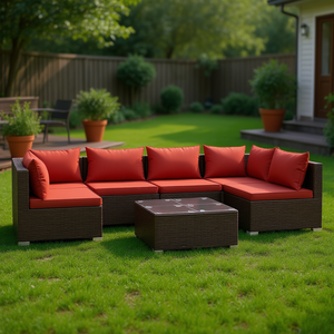 Ensemble de salon de jardin en polyrotin brun avec coussins, 7 pièces, mobilier de jardin extérieur, design contemporain - Product Image 2