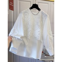 Nuova Collezione Primavera 2026: Camicetta Bianca Oversize con Patchwork in Pizzo, Stile Francese Chic, Effetto Due Pezzi, Maniche a Lanterna, Taglie Forti