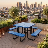 Table de pique-nique carrée bleue OEM 78 pouces avec chaises, ensemble robuste pour jardin/terrasse, table de camping avec bancs, en métal expansé