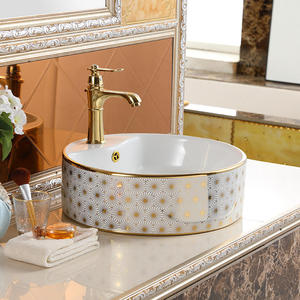 Lavabo Redondo de Porcelana con Patrón Decorativo Moderno para Hotel, Lavabo de Baño con Recubrimiento Electrolítico Dorado - Product Image 6