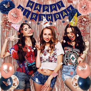 Suministros de Decoración para Fiesta de <span class=keywords><strong>Cumpleaños</strong></span>, Set de Globos Azul Marino y Oro Rosa, Mariposas y Borlas - Product Image 3