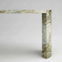Table console en marbre vert veiné brut, paire de tables d'entrée de luxe à pieds épais incurvés et bords organiques ovales