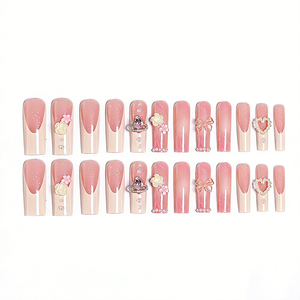 Lot de 24 <span class=keywords><strong>faux</strong></span> <span class=keywords><strong>ongles</strong></span> carrés roses français à presser, couvrance totale, avec décoration 3D nœud et <span class=keywords><strong>diamant</strong></span>, pour nail art, vente en gros - Product Image 5
