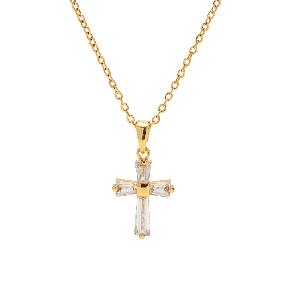 Vintage 18K Gold Plated Clear Cross Zircon Necklace Geometric Cubic Zirconia Crossed Pendant Necklace