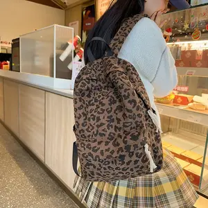 Large capacity corduroy <b>leopard</b> <b>print</b> youth <b>backpack</b> for women's school leisure travel bag - Product Image 4