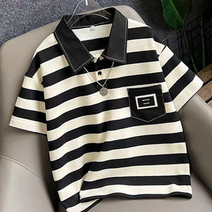 T-shirt en coton pour garçons, vêtements d'été pour enfants plus âgés, haut à manches courtes rayé avec col polo, tendance - Product Image 2
