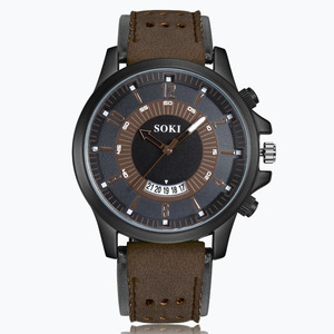 Nuevo <span class=keywords><strong>reloj</strong></span> de cuarzo deportivo <span class=keywords><strong>SOKI</strong></span> para hombre, caja de aleación de moda con banda de cuero, esfera de cristal, ventana, <span class=keywords><strong>reloj</strong></span> con calendario para estudiantes - Product Image 2