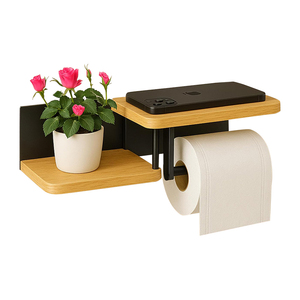 Support adhésif pour <span class=keywords><strong>papier</strong></span> toilette en fer/bois avec distributeur de lingettes humides et étagère - Product Image 1
