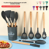 Offre Spéciale : Ensemble d'ustensiles de cuisine écologiques 12 pièces avec outils en silicone et manches en bois, compatibles lave-vaisselle (cuillère, spatule, spatule à retourner, pince)