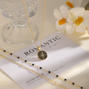 Collana con perline nera a tre strati dorata + catenina O-catenina nera con ciondolo in zircone 36 + 38 + 42 + 5cm N0054 - Product Image 2