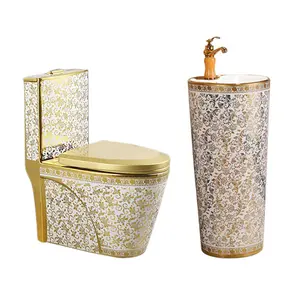 KD-01GPA套装畅销金色洁具一体式卫生间陶瓷蹲厕金色设计WC衣橱带盆套装