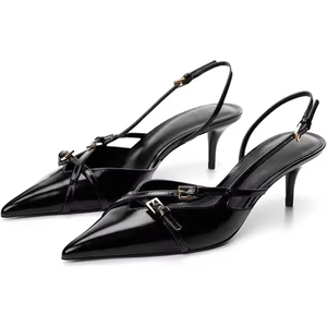 Sandali Sexy con Tacco Alto in Pelle Nera, Punta Affusolata e Doppia Cinturino con Fibbia, Suola in PU, Tacco a Spillo, <span class=keywords><strong>Slingback</strong></span> - Product Image 1