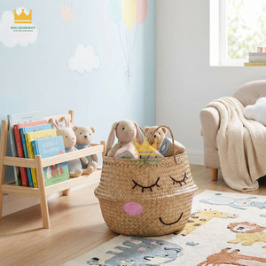 Cute Rattan Storage <b>Basket</b> With Handles Embroidered Face For Children's Toy Organization <b>Cheap</b> Price - Product Image 4