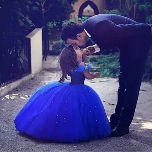 Kraliyet mavi Shinig çiçek kız elbise balo elbisesi kabarık etek küçük kız Pageant elbise