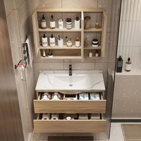 Set Kabinet Handuk Kapasitas Tinggi dengan Laci dan Cermin untuk Proyek Hotel, Meja Rias Kamar Mandi Modern dengan Wastafel Tunggal dari Kayu Jati Grosir