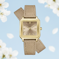 Montre Femme Tendance Seiko à Mouvement Quartz 16mm, Boîtier Carré Doré Style Affaires Simple, Bracelet en Cuir Beige, Verre Doublement Protecté