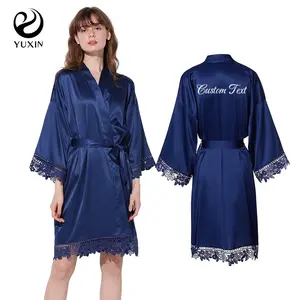 Robe Corset En Satin Soft Silk Satin Lace Bridal Robes Navy Blue Silky Sleepwear Satin Robe Sexe