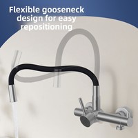 Robinet de cuisine mural en acier inoxydable 304, design moderne et minimaliste, finition brossée, avec pistolet pulvérisateur en céramique et flexible universel en silicone